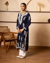 Myra Modal fine cotton chikan kari Kurta- Dark Blue