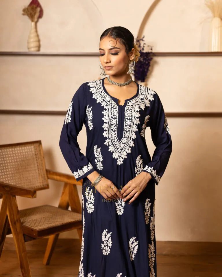 Myra Modal fine cotton chikan kari Kurta- Dark Blue