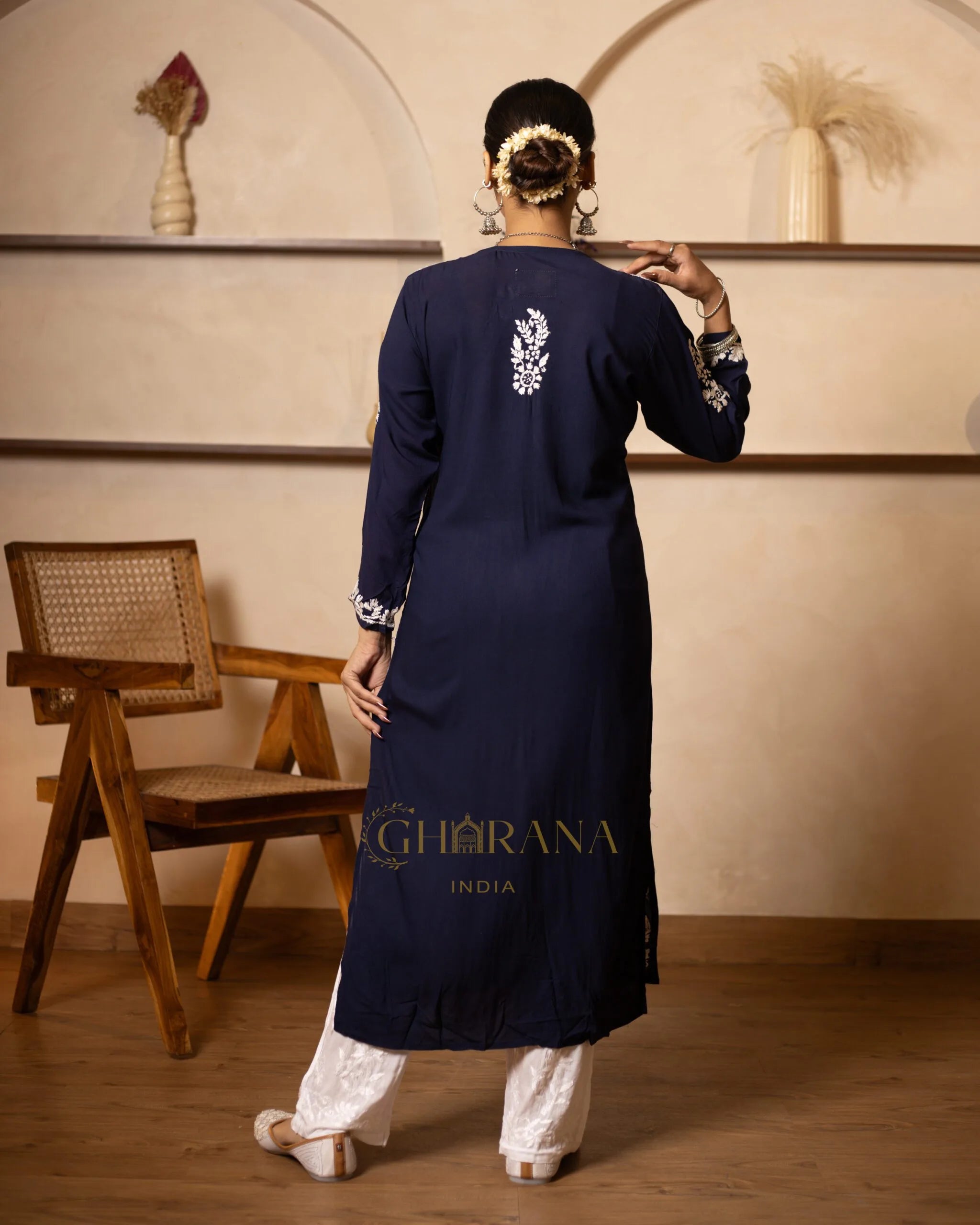 Myra Modal fine cotton chikan kari Kurta- Dark Blue