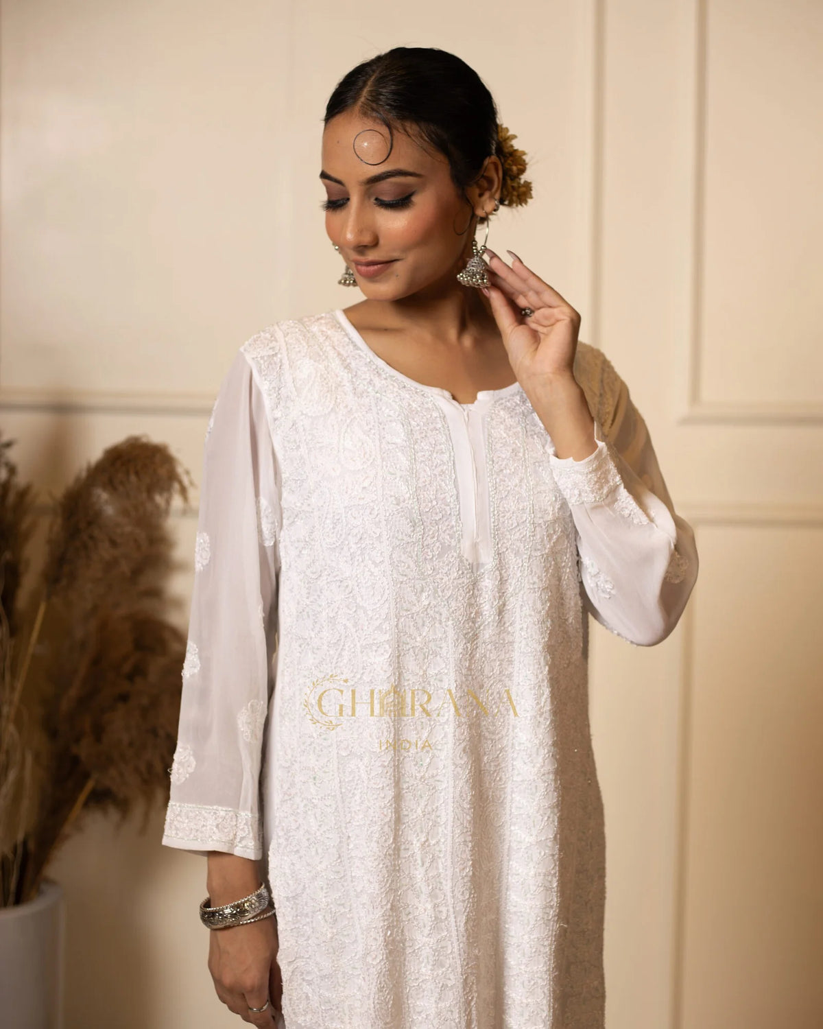 Kiara Georgette Chikankari Kurta in resham jaal and pastel Katdana