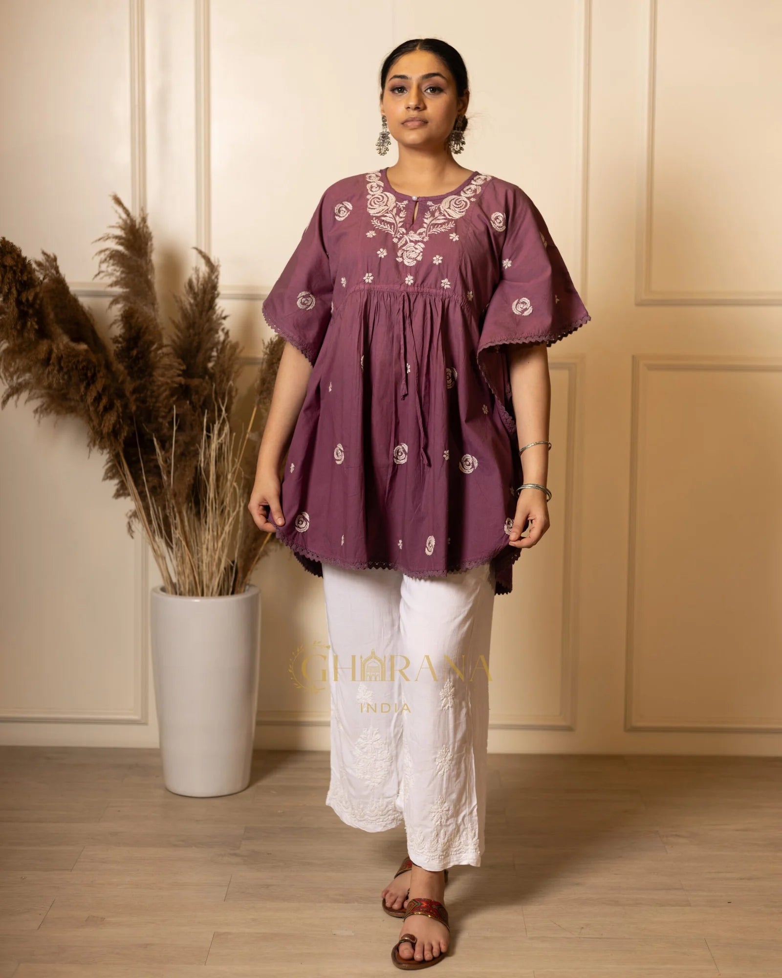 Cotton Chikankari Kaftan – Magenta