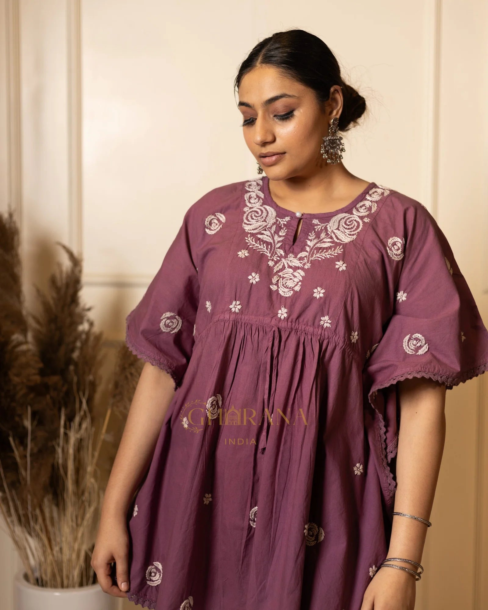 Cotton Chikankari Kaftan – Magenta