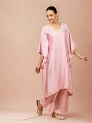 Premium Chanderi Silk Baby Pink Chikankari Kaftan Set