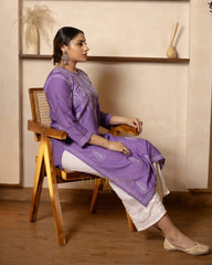 Ruhi Chanderi Chikankari Kurta with Bakhiya work-Purple