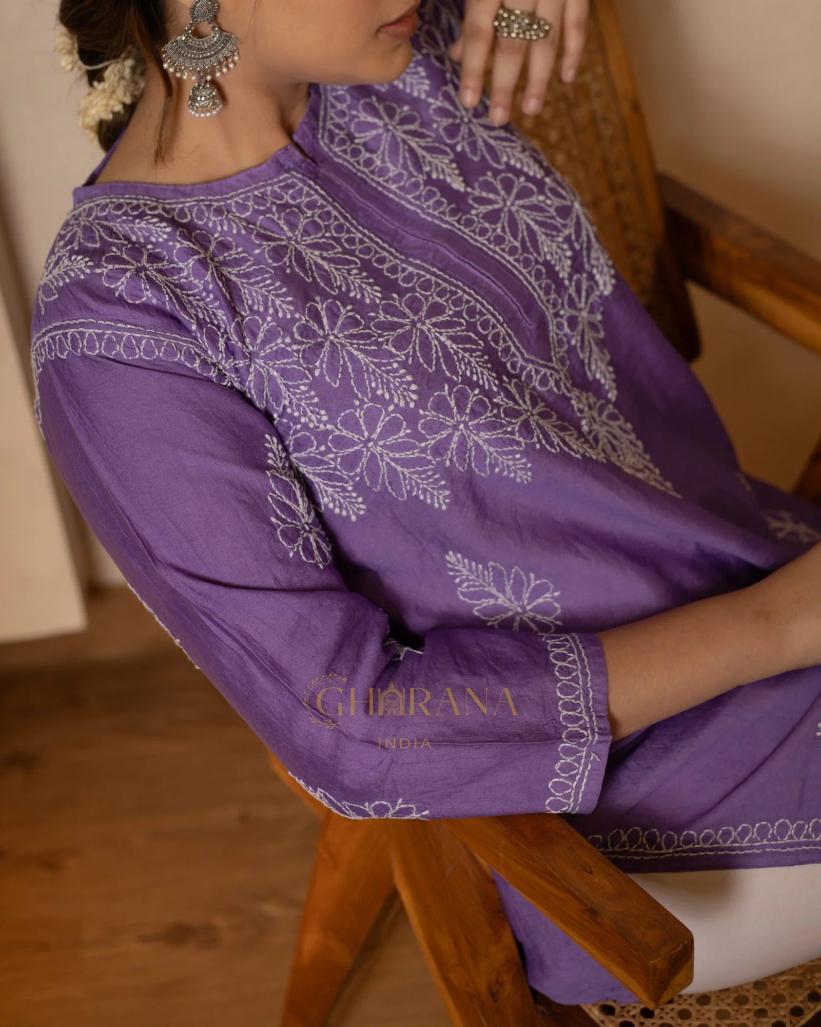 Ruhi Chanderi Chikankari Kurta with Bakhiya work-Purple