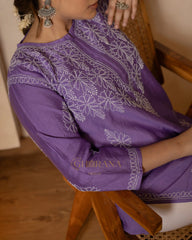 Ruhi Chanderi Chikankari Kurta with Bakhiya work-Purple