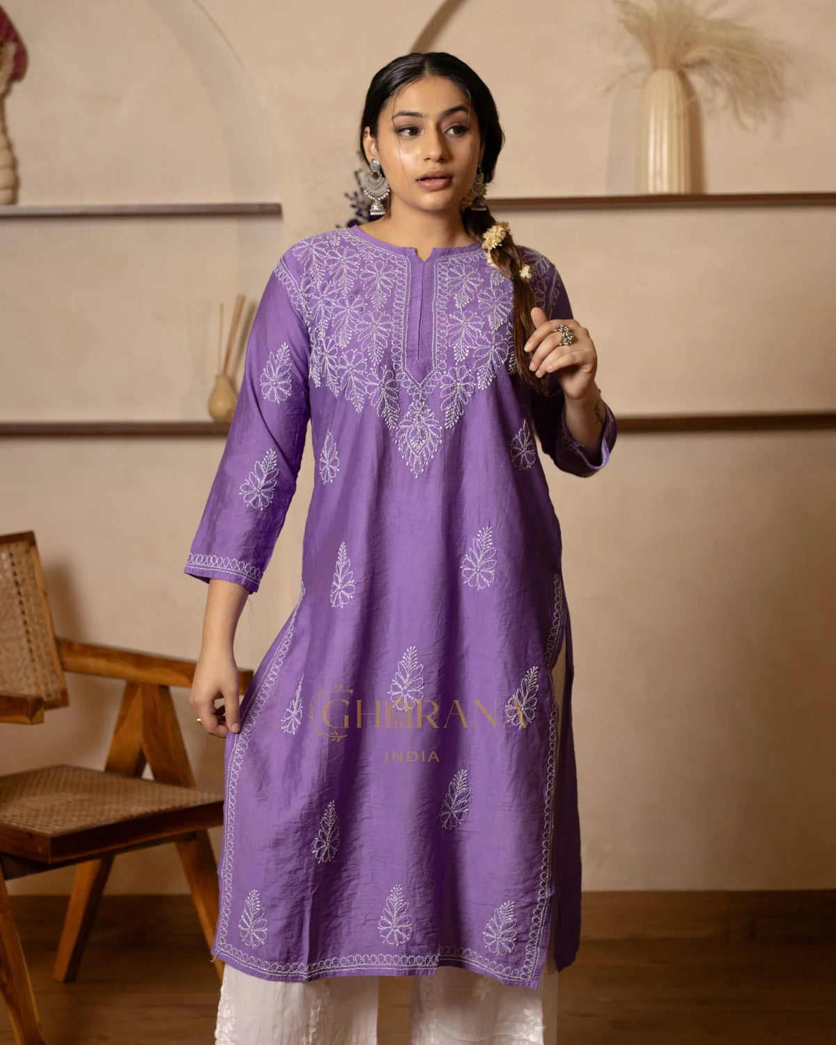 Ruhi Chanderi Chikankari Kurta with Bakhiya work-Purple