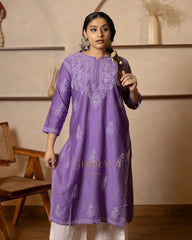 Ruhi Chanderi Chikankari Kurta with Bakhiya work-Purple