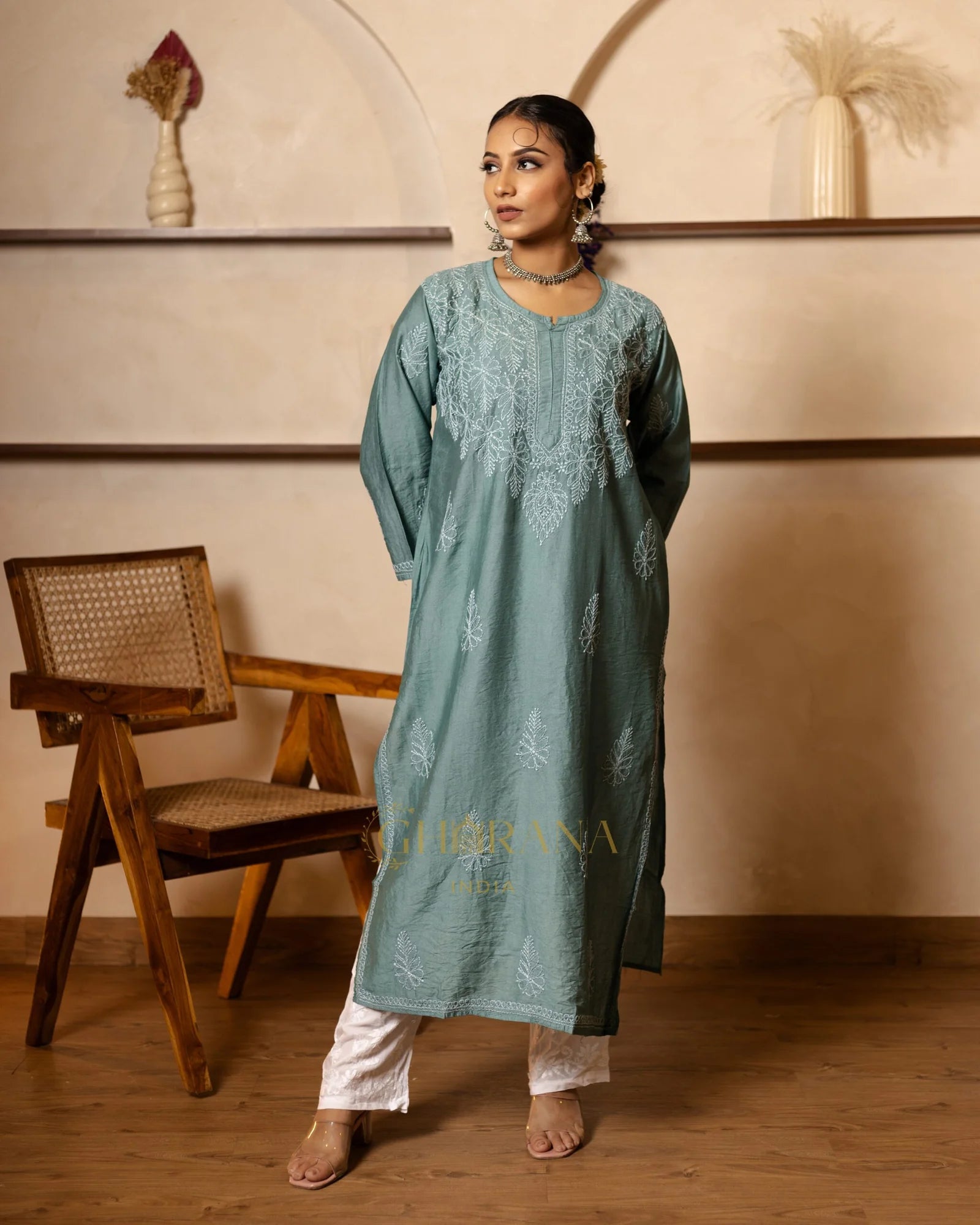 Ruhi Chanderi Chikankari Kurta with Bakhiya work-Sea Green