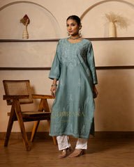 Ruhi Chanderi Chikankari Kurta with Bakhiya work-Sea Green