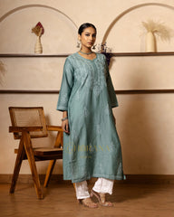 Ruhi Chanderi Chikankari Kurta with Bakhiya work-Sea Green