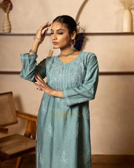 Ruhi Chanderi Chikankari Kurta with Bakhiya work-Sea Green