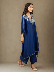 Premium Chanderi Silk Midnight Blue Chikankari Kaftan Set with Kamdani Work