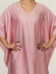 Premium Chanderi Silk Baby Pink Chikankari Kaftan Set