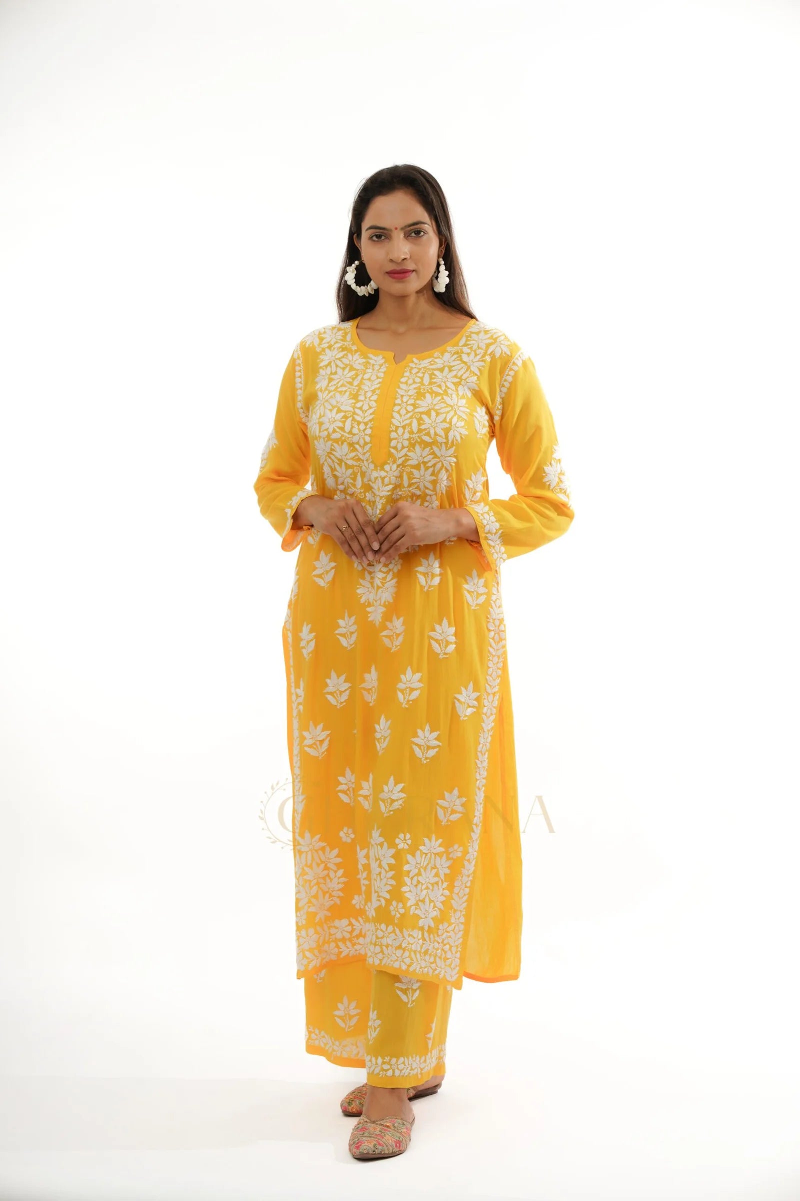 Premium Modal Chikankari with Heavy Embroidery 2 PC set with Palazzo – Yellow
