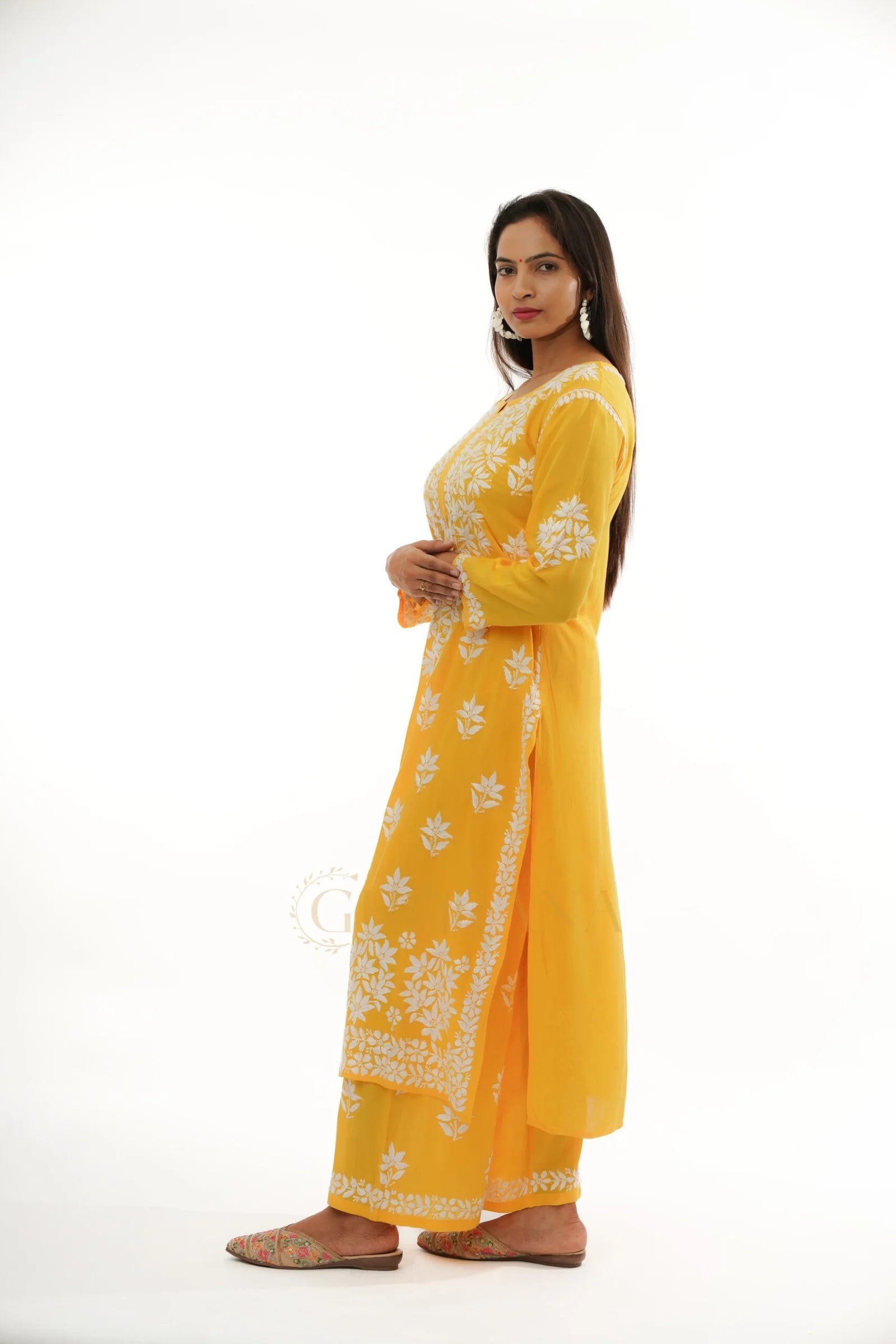Premium Modal Chikankari with Heavy Embroidery 2 PC set with Palazzo – Yellow