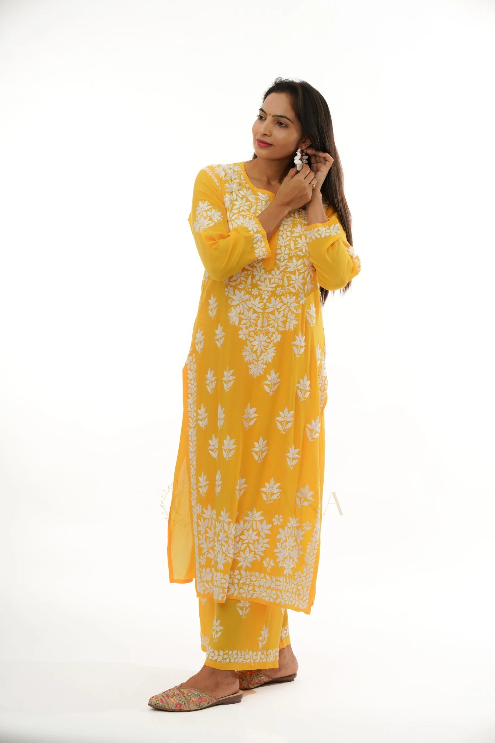 Premium Modal Chikankari with Heavy Embroidery 2 PC set with Palazzo – Yellow