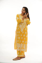 Premium Modal Chikankari with Heavy Embroidery 2 PC set with Palazzo – Yellow