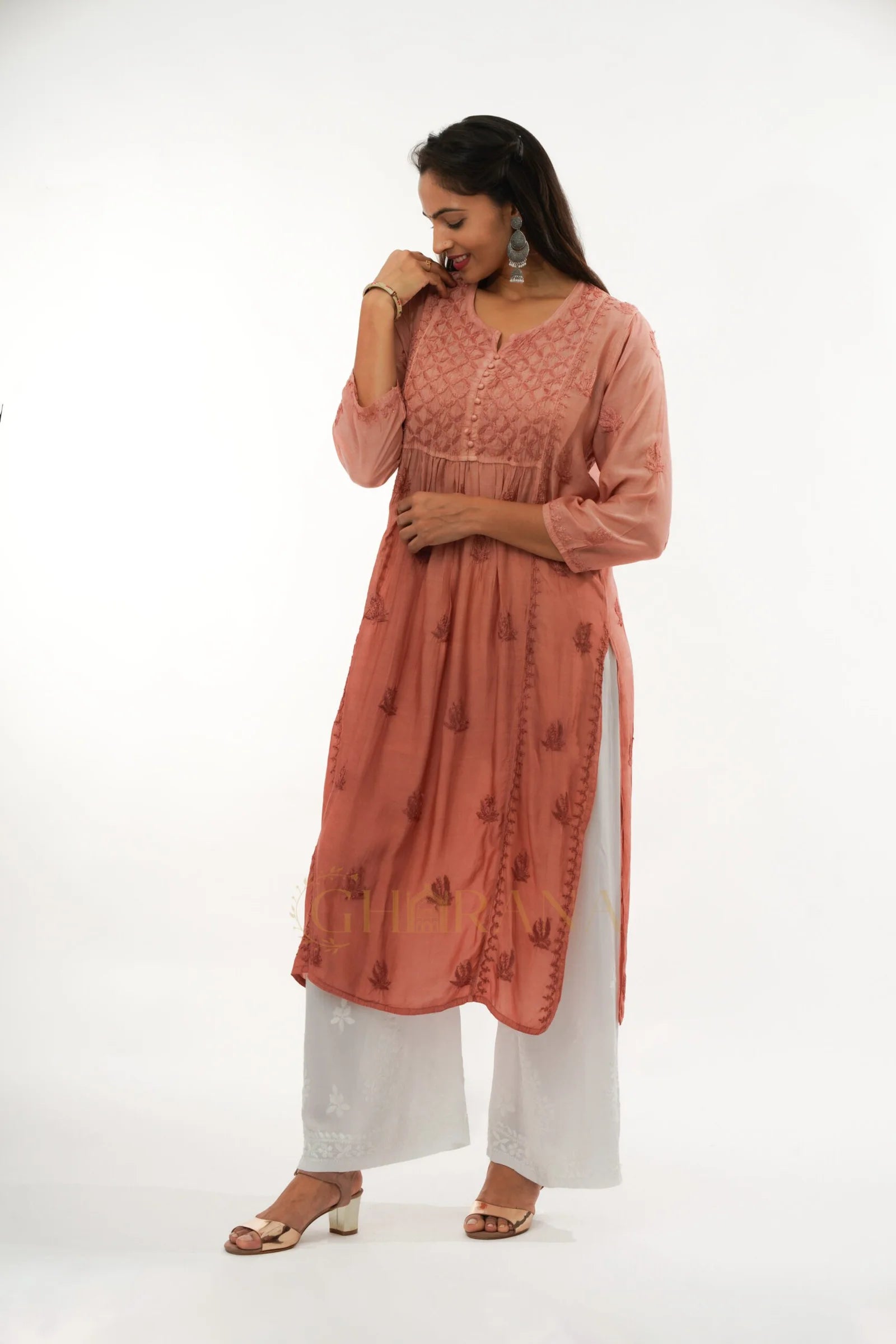 Ishani Chikankari Muslin Naira cut Kurta – Blush Pink