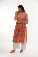 Ishani Chikankari Muslin Naira cut Kurta – Blush Pink