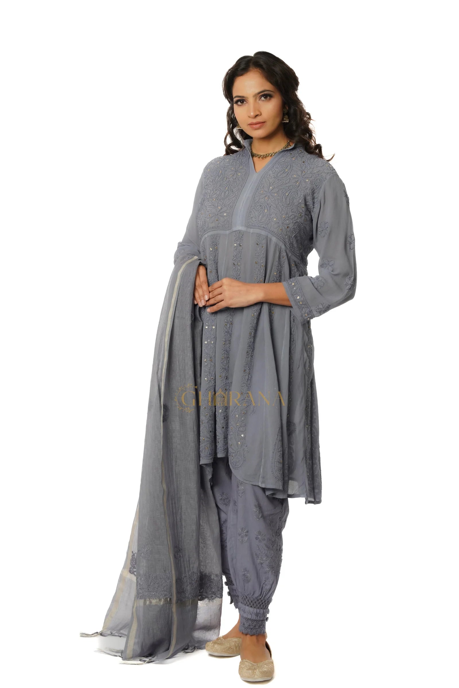 Georgette Chikankari Kurta with Afgani Pant and Dupatta – Grey