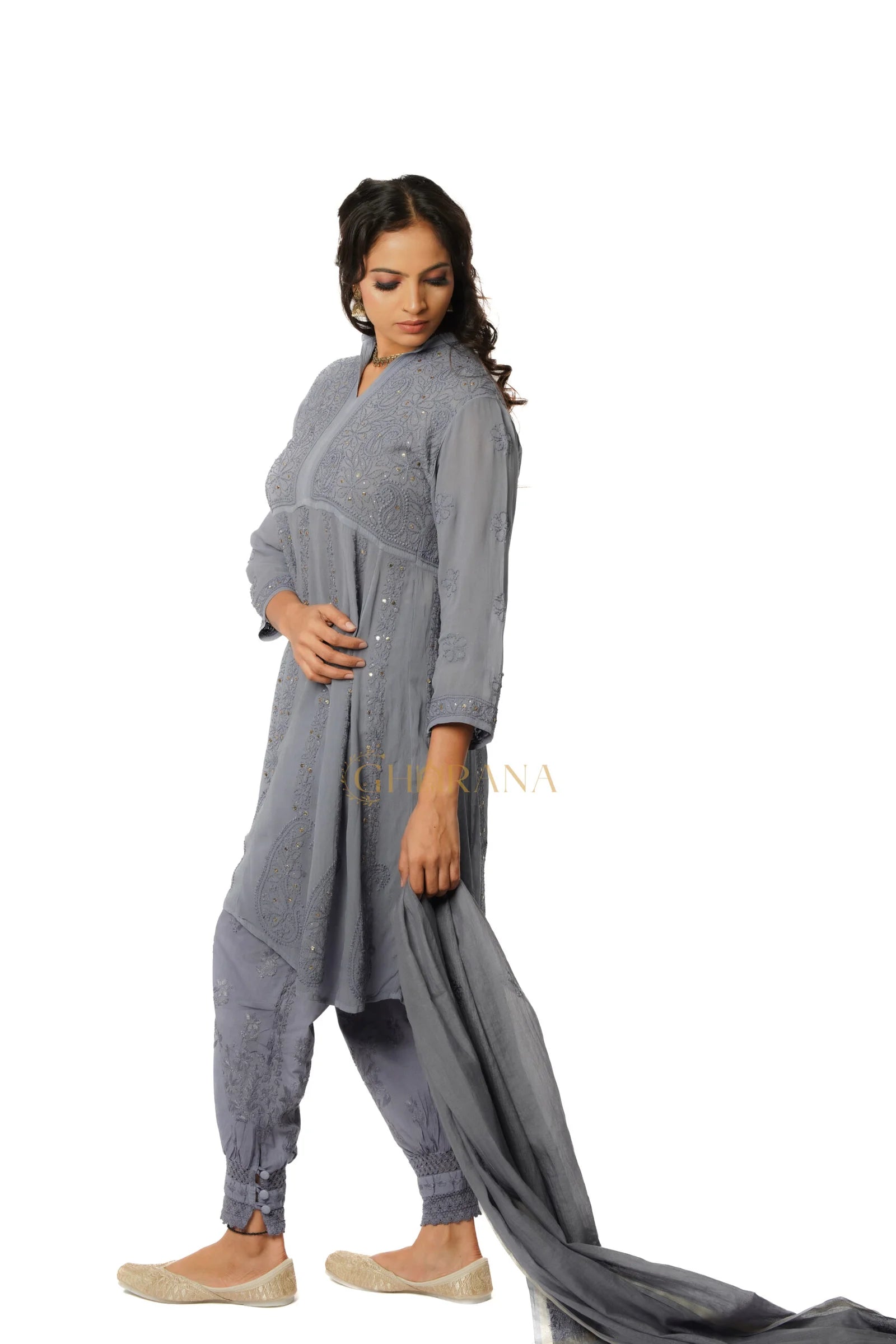 Georgette Chikankari Kurta with Afgani Pant and Dupatta – Grey