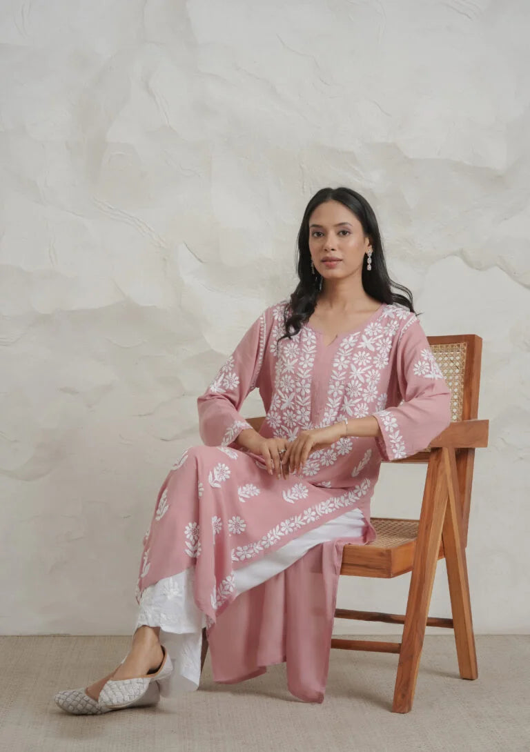 Myra Modal fine cotton chikan kari Kurta – Onion Pink