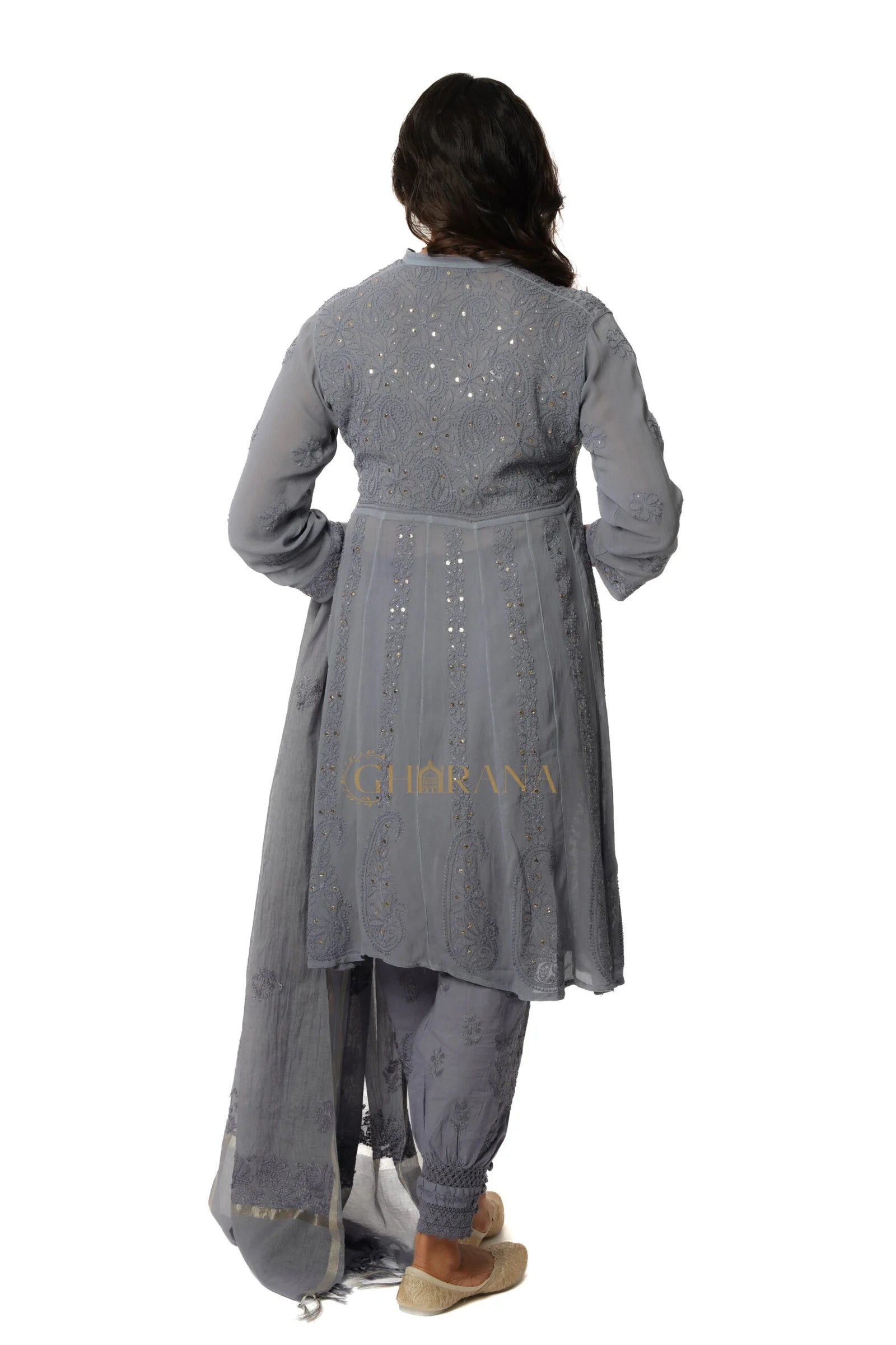 Georgette Chikankari Kurta with Afgani Pant and Dupatta – Grey