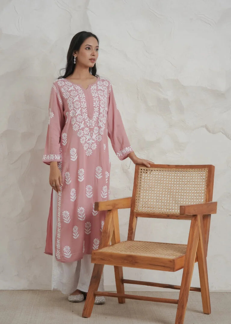 Myra Modal fine cotton chikan kari Kurta – Onion Pink
