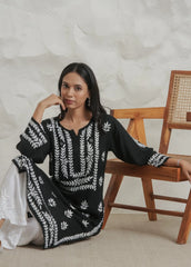 Myra Modal fine cotton chikan kari Kurta – Black