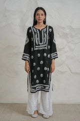 Myra Modal fine cotton chikan kari Kurta – Black