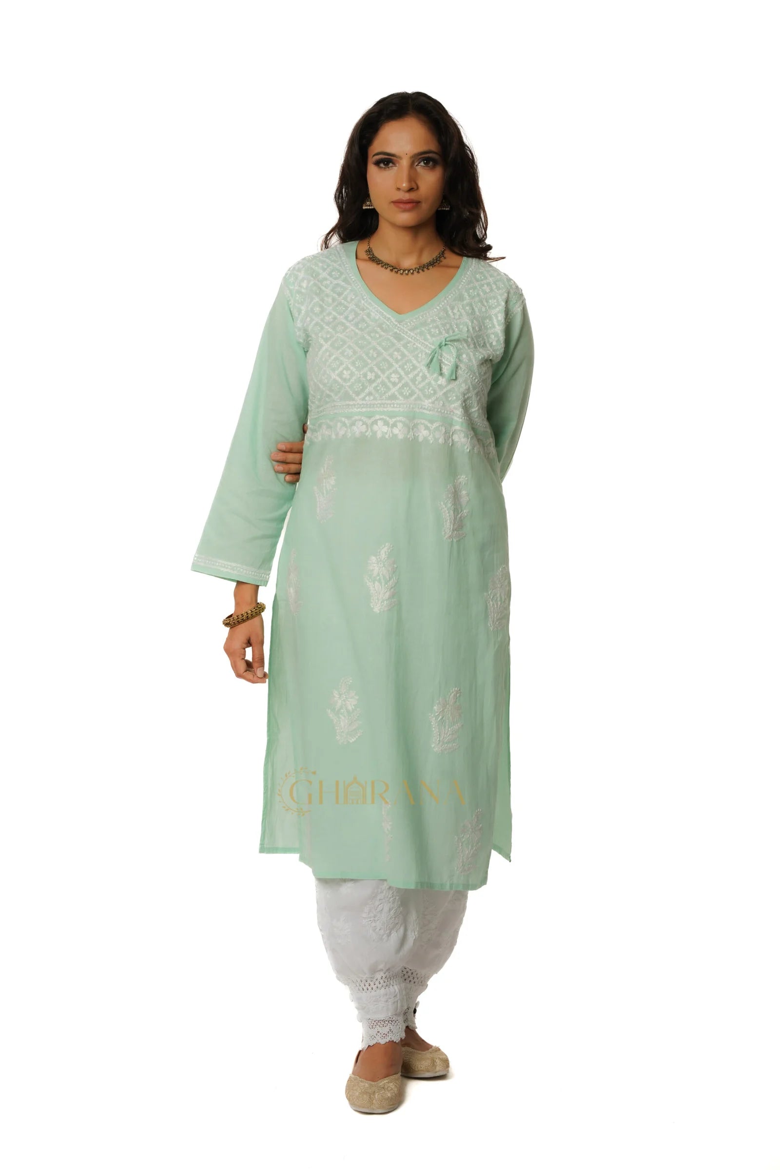 Meenakshi Chikankari Cotton Angrakha Style Kurta – Light Green