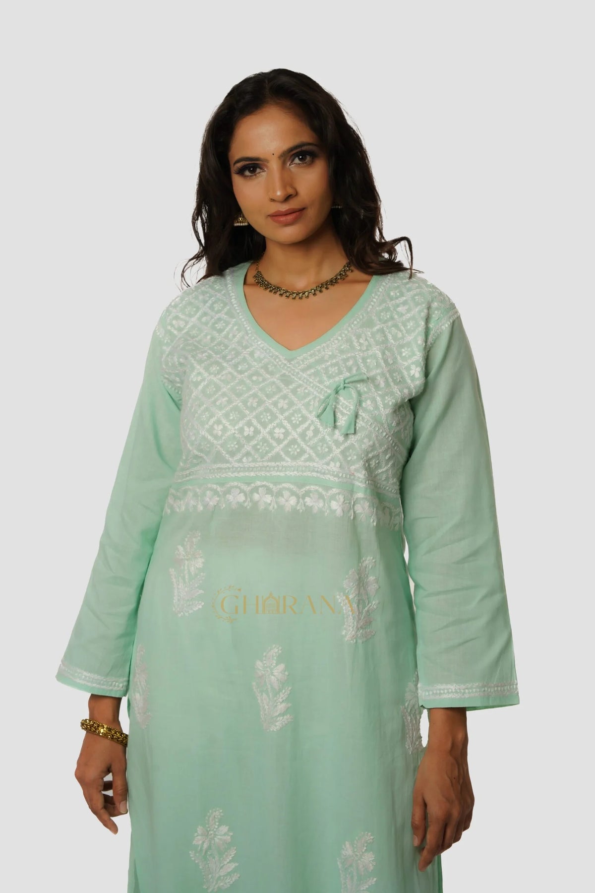 Meenakshi Chikankari Cotton Angrakha Style Kurta – Light Green