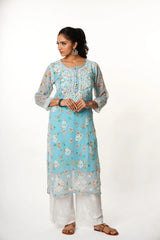 Aadya Chikankari Georgette Floral Printed Kurta – Light Blue