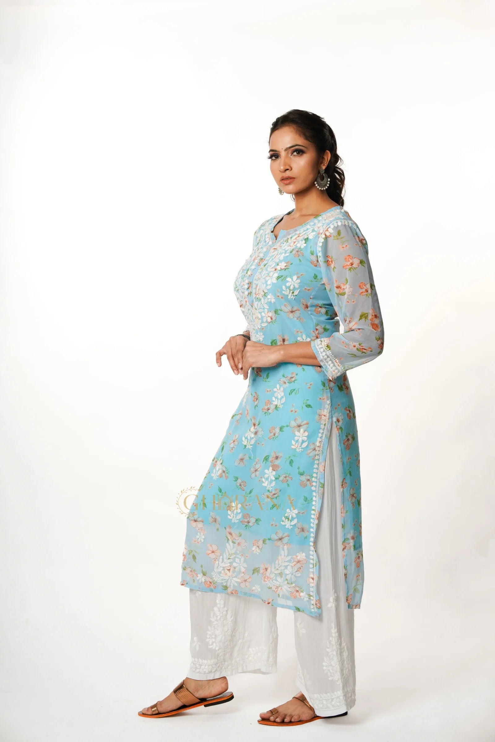 Aadya Chikankari Georgette Floral Printed Kurta – Light Blue