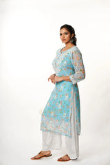 Aadya Chikankari Georgette Floral Printed Kurta – Light Blue