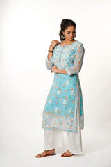 Aadya Chikankari Georgette Floral Printed Kurta – Light Blue