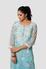 Aadya Chikankari Georgette Floral Printed Kurta – Light Blue