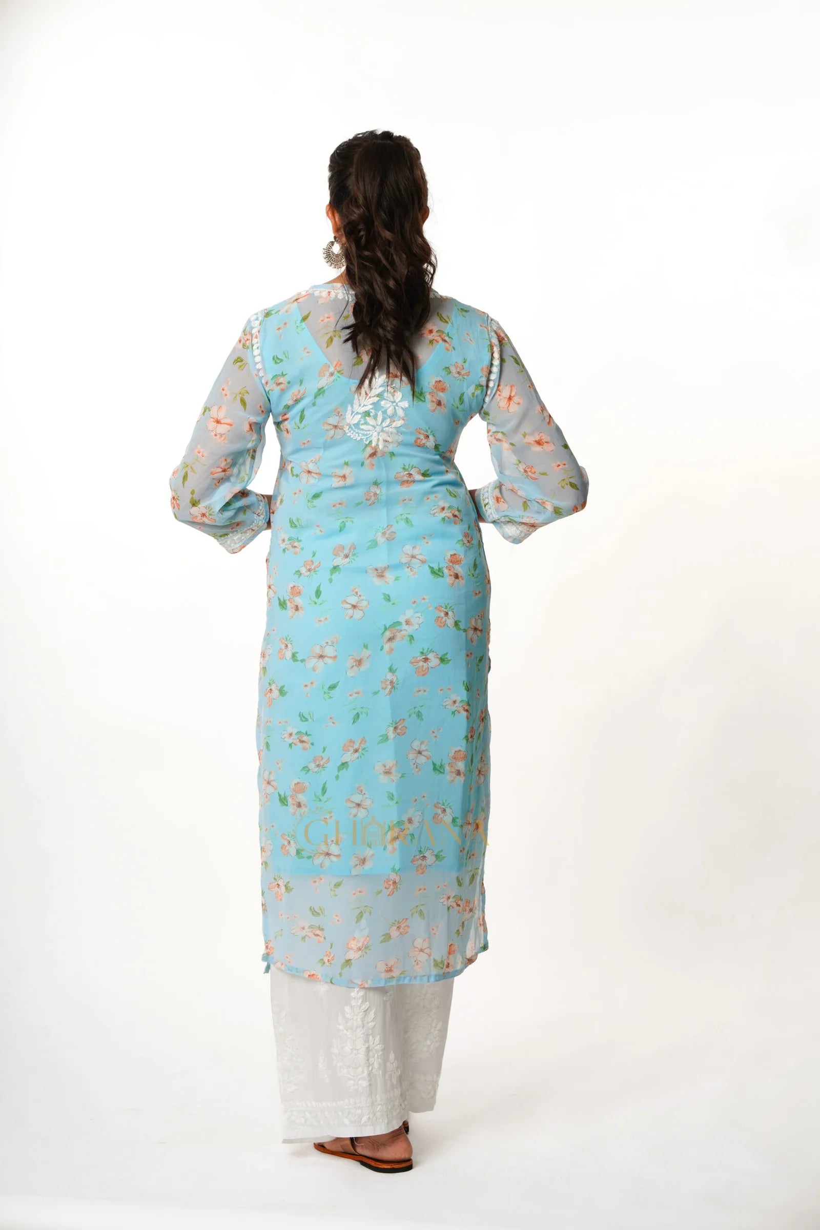 Aadya Chikankari Georgette Floral Printed Kurta – Light Blue