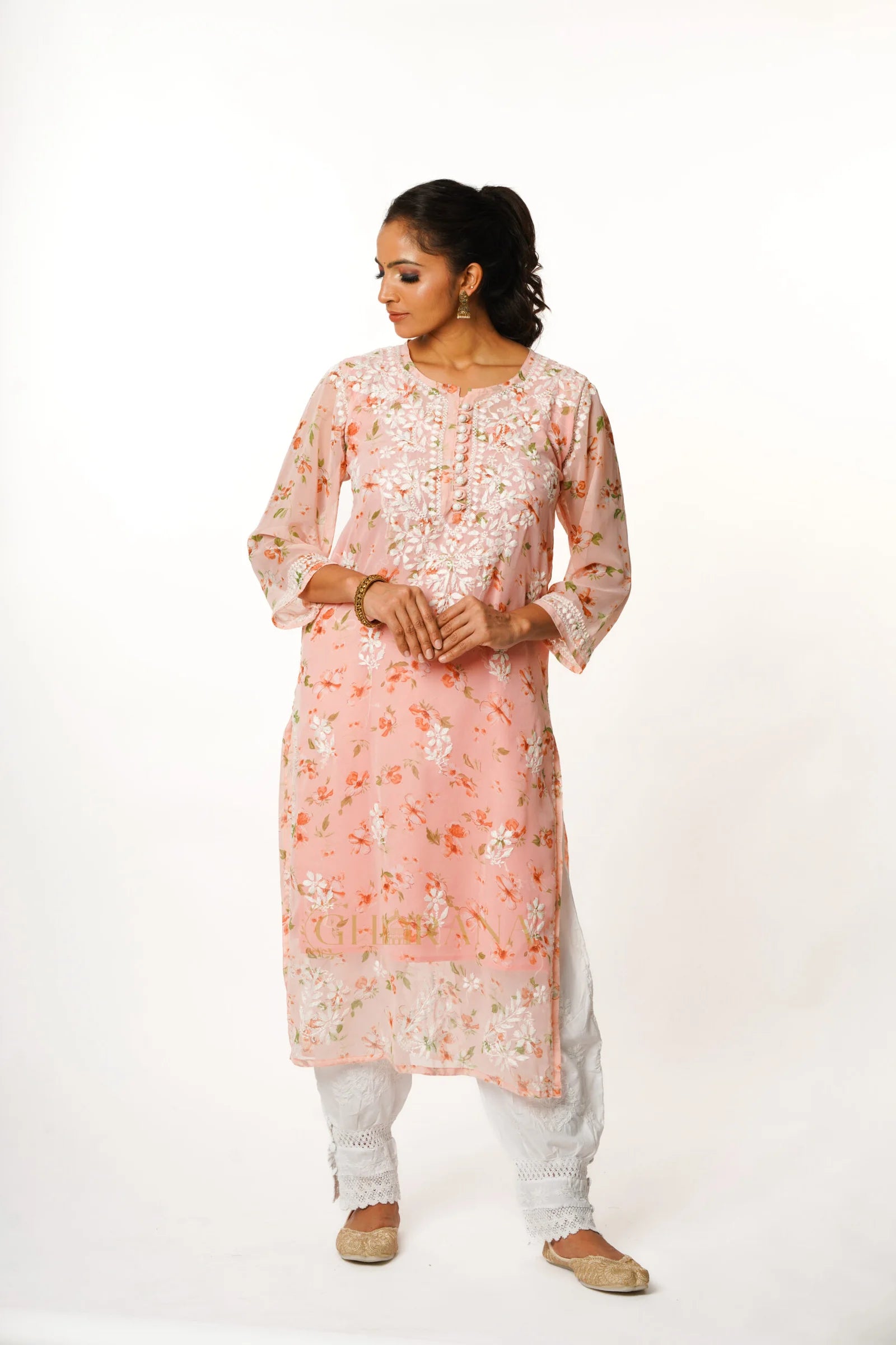 Aadya Chikankari Georgette Floral Printed Kurta – Light Pink