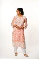 Aadya Chikankari Georgette Floral Printed Kurta – Light Pink