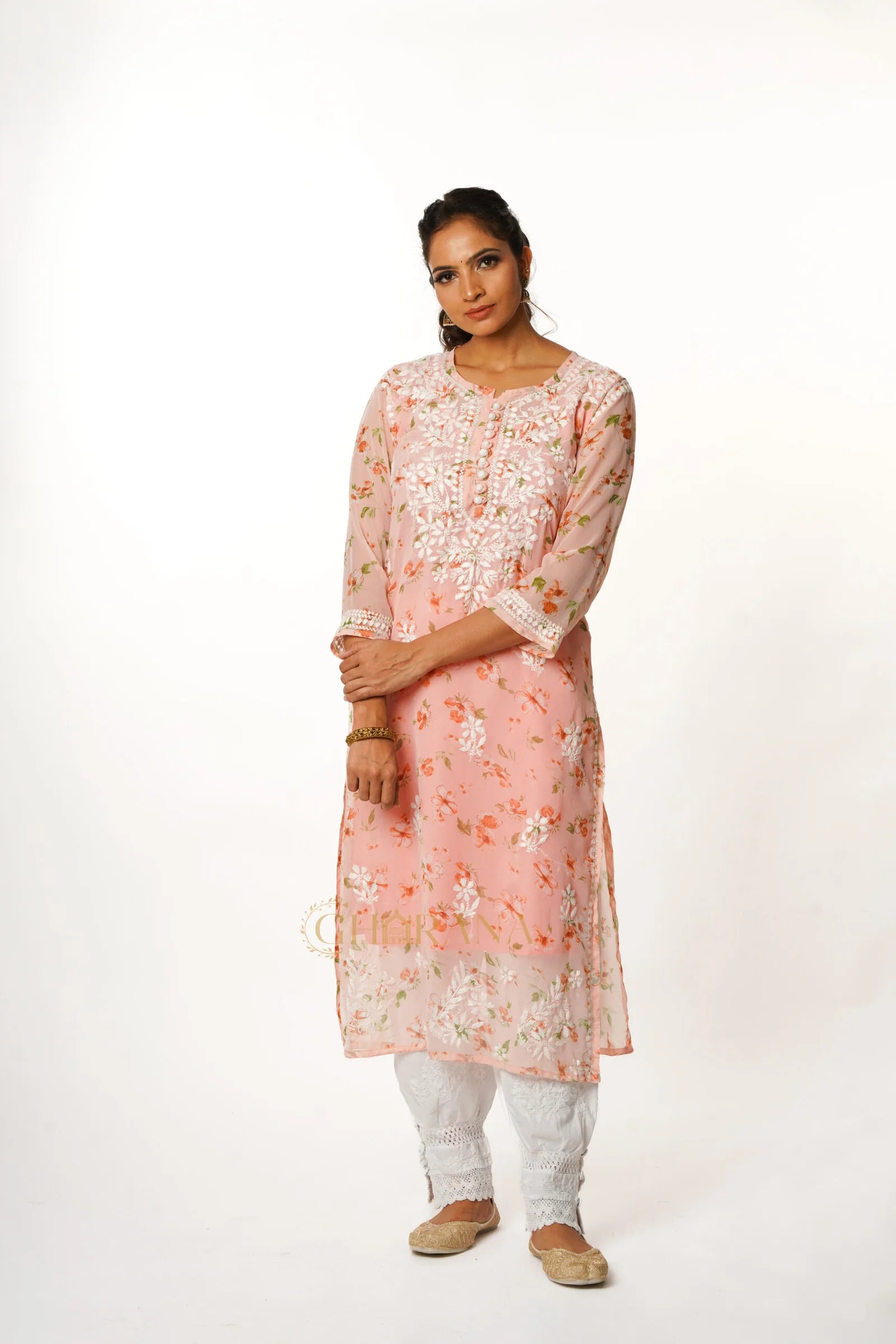 Aadya Chikankari Georgette Floral Printed Kurta – Light Pink