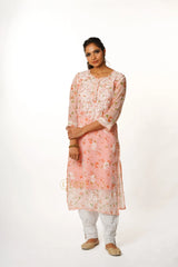 Aadya Chikankari Georgette Floral Printed Kurta – Light Pink