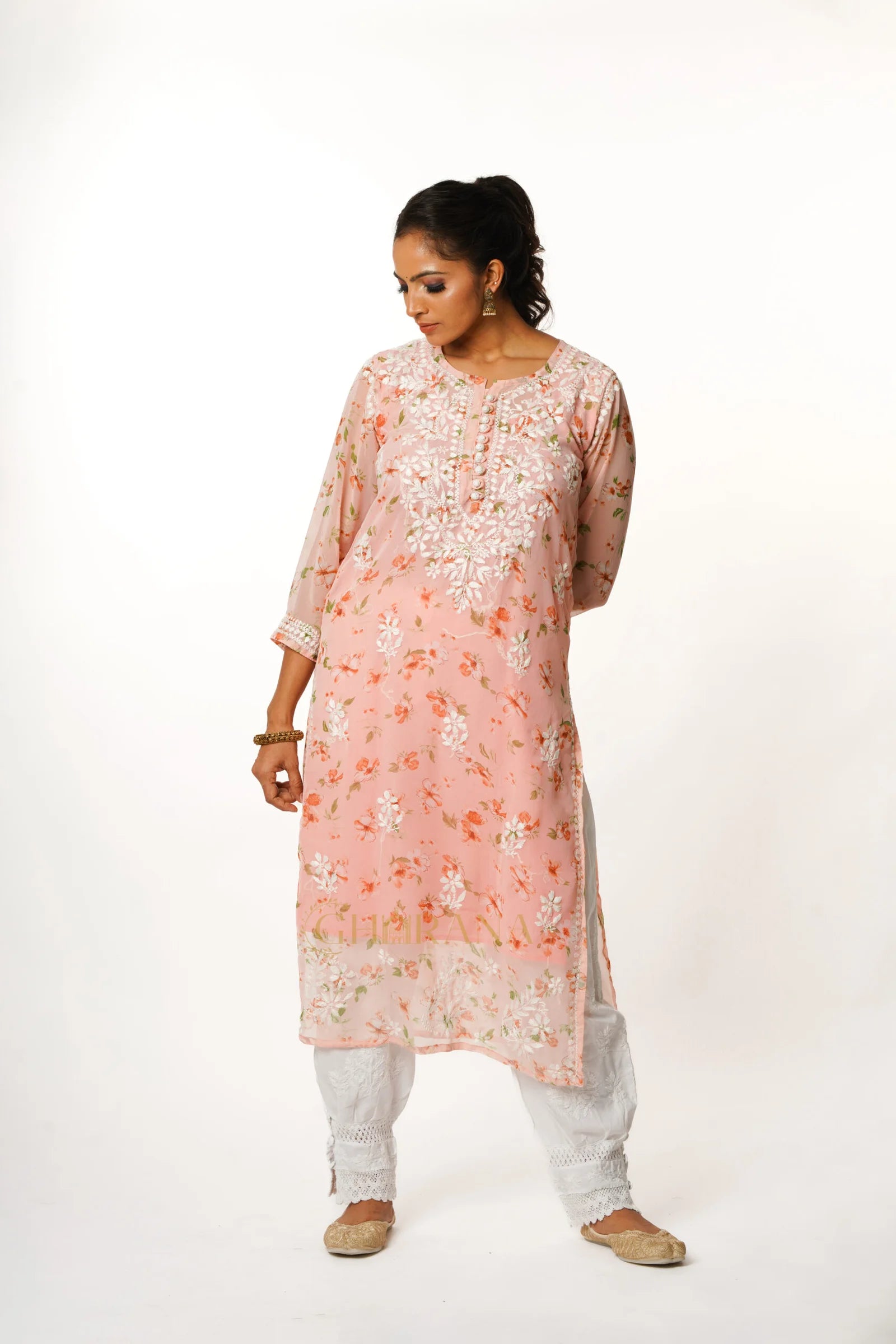Aadya Chikankari Georgette Floral Printed Kurta – Light Pink