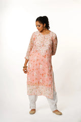 Aadya Chikankari Georgette Floral Printed Kurta – Light Pink