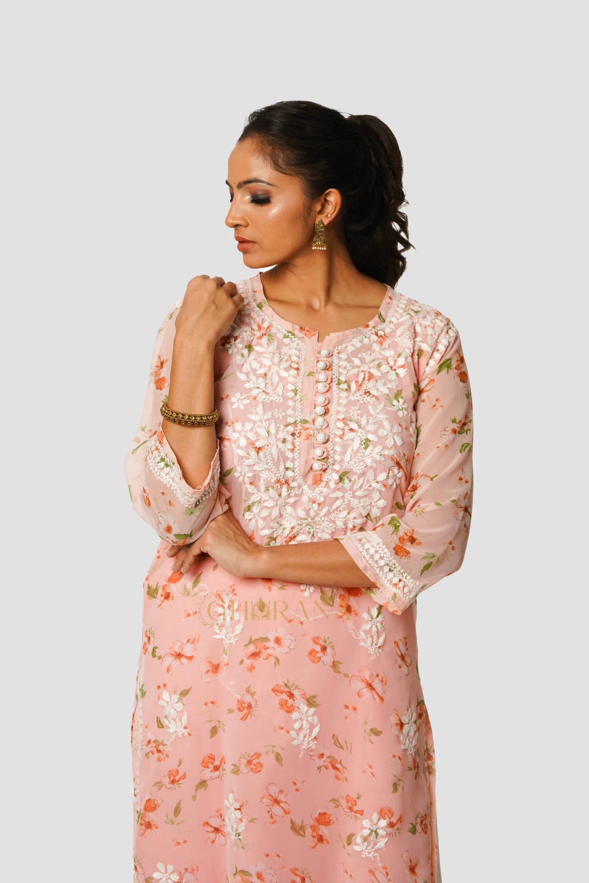 Aadya Chikankari Georgette Floral Printed Kurta – Light Pink