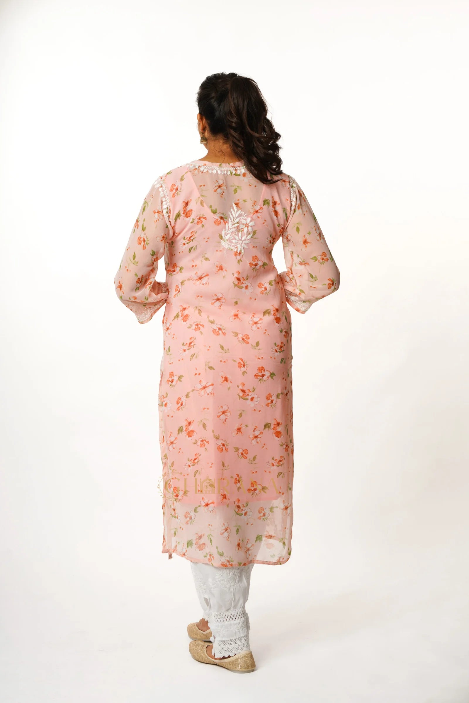 Aadya Chikankari Georgette Floral Printed Kurta – Light Pink