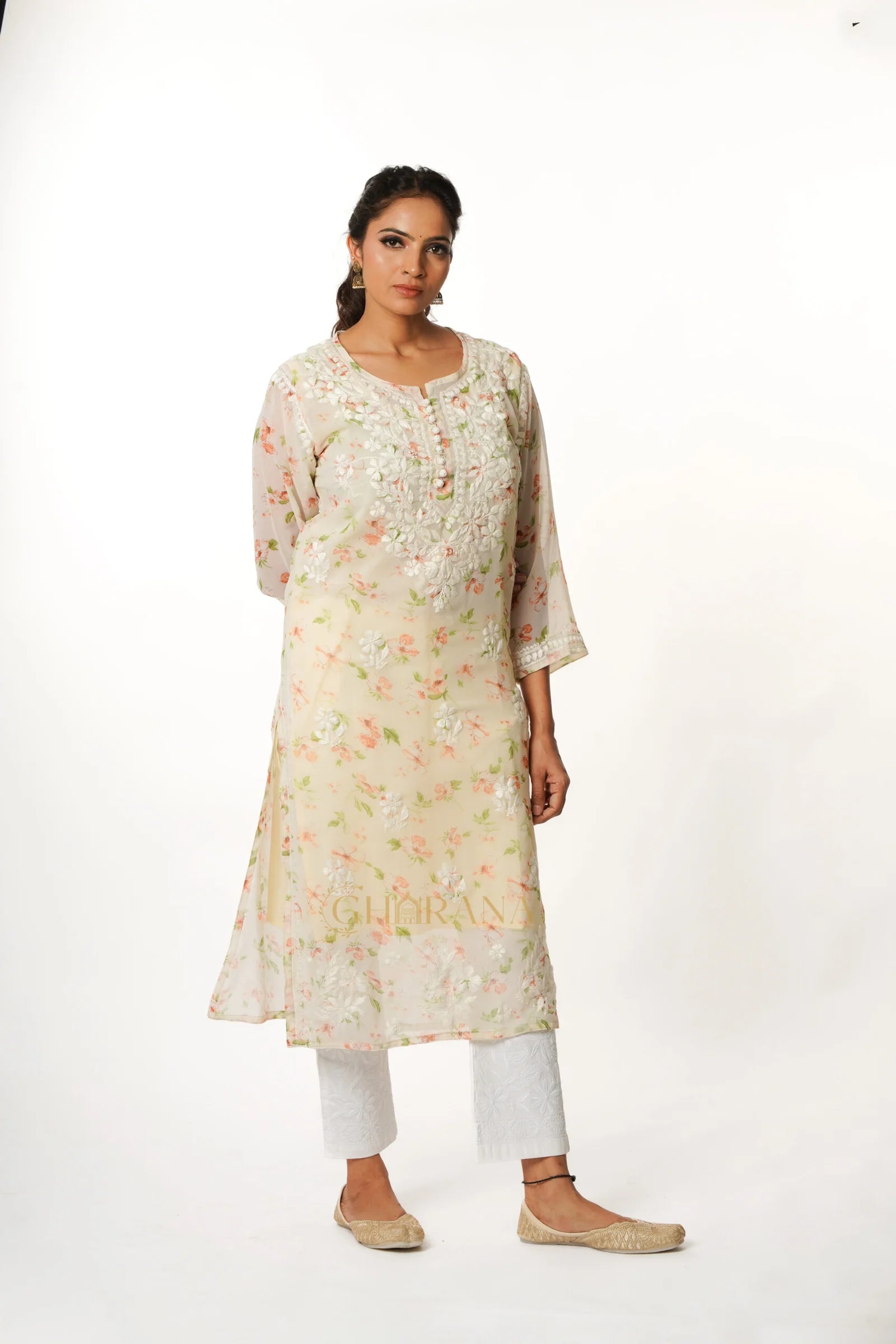 Aadya Chikankari Georgette Floral Printed Kurta  – Off White