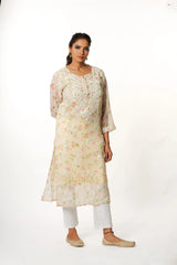 Aadya Chikankari Georgette Floral Printed Kurta  – Off White