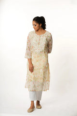 Aadya Chikankari Georgette Floral Printed Kurta  – Off White